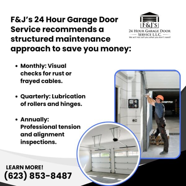 Garage door technician performing maintenance with checklist for monthly, quarterly, and annual inspections