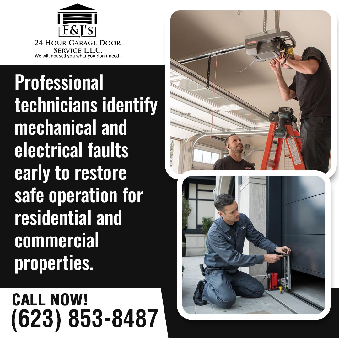 
F&J's 24 Hour Garage Door Service graphic showing two technicians repairing a garage door opener and a door sensor, promoting early fault detection for residential and commercial properties.