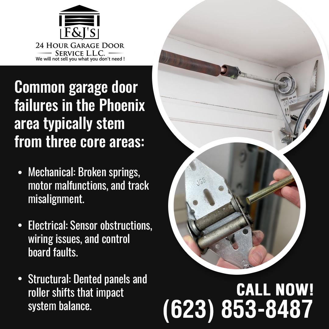 F&J's 24 Hour Garage Door Service graphic showing a garage door spring and hinge hardware, listing three common Phoenix-area failure types: mechanical, electrical, and structural.