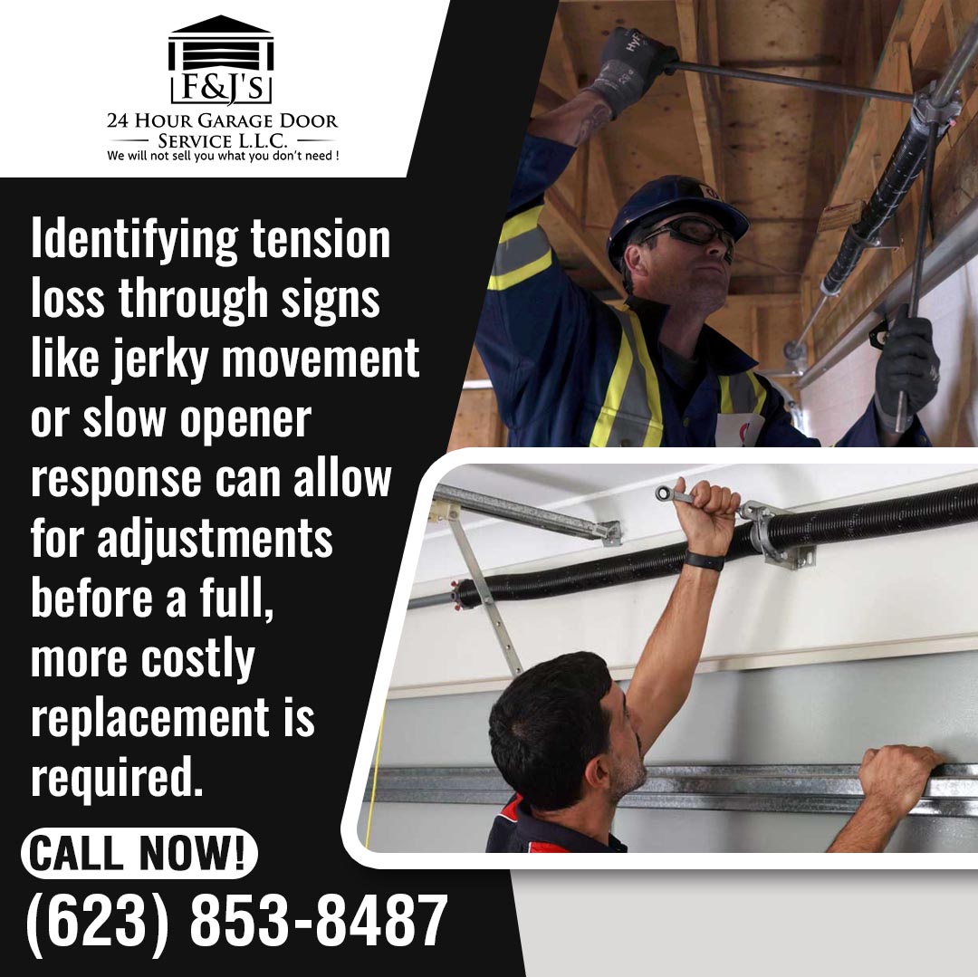  F&J's 24 Hour Garage Door Service graphic showing two technicians adjusting garage door springs and tracks, advising on early tension loss detection to avoid costly full replacements.