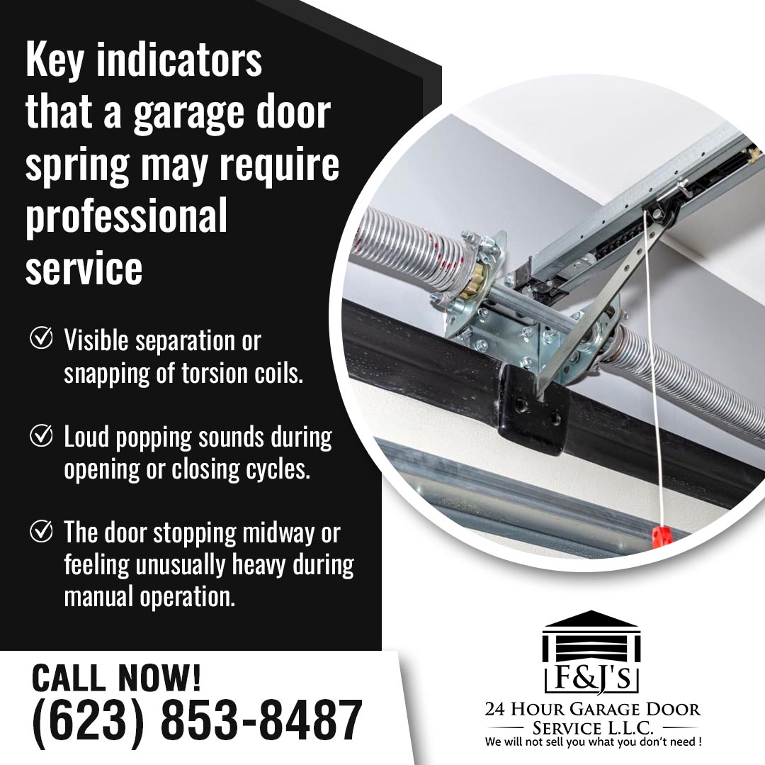 F&J's 24 Hour Garage Door Service graphic showing a close-up of garage door torsion springs and hardware, listing three warning signs that a spring needs professional service.