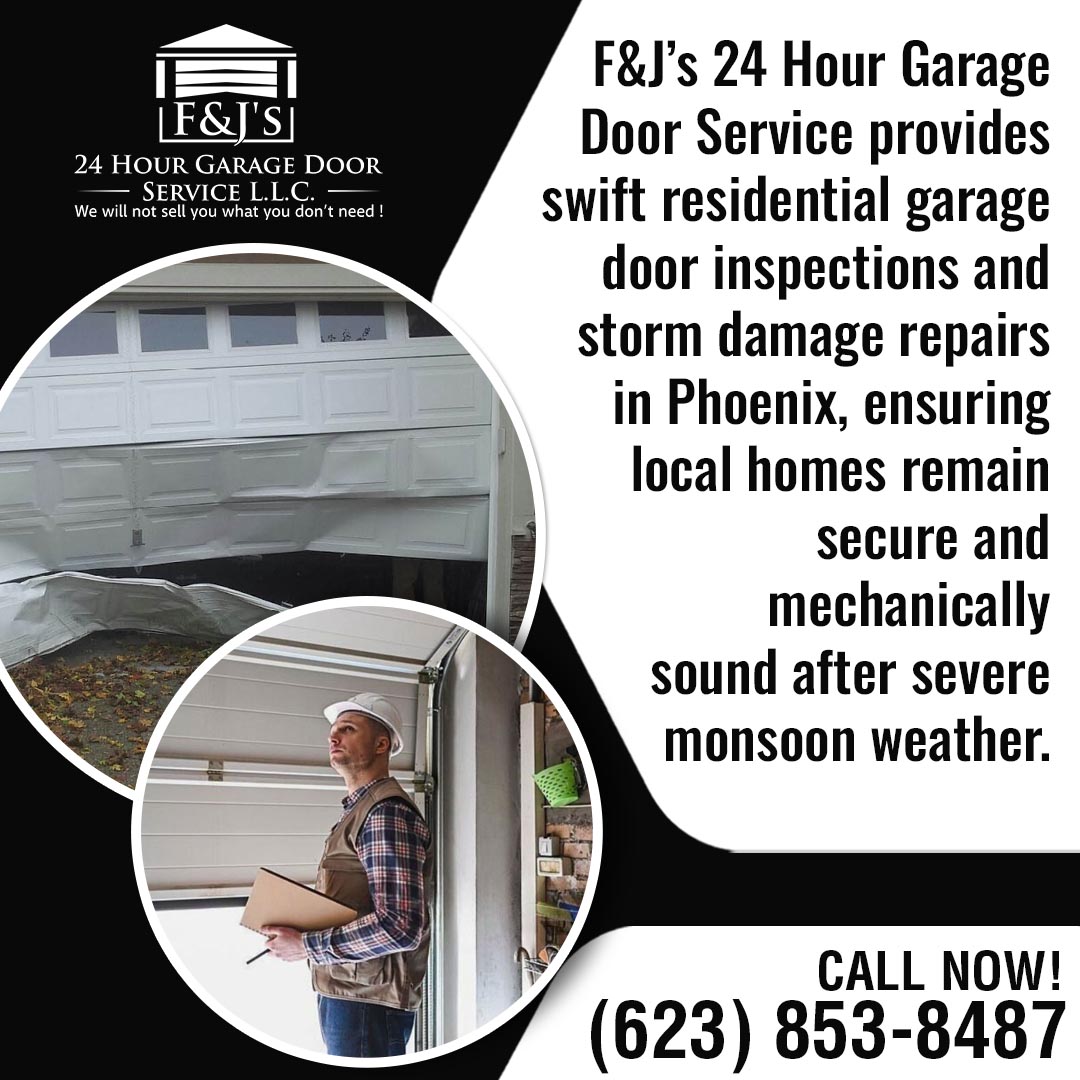 Garage door technician inspecting tracks and torsion spring assembly after storm damage to identify operational issues requiring professional repair.