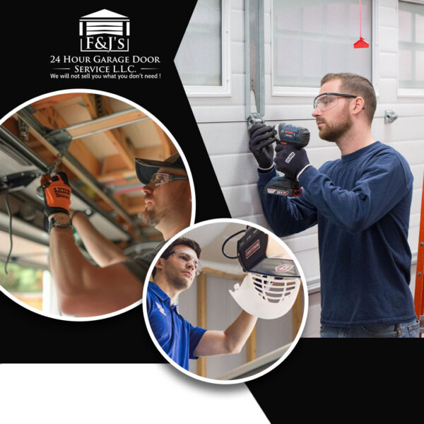 Technicians performing garage door maintenance, inspecting hardware, servicing the opener, and making adjustments to residential garage door systems.