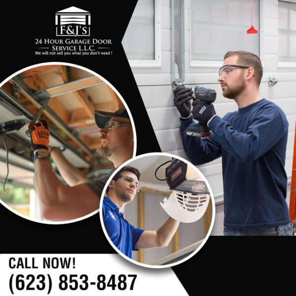 Garage door technicians inspecting door hardware, adjusting tracks, and servicing a garage door opener during a residential maintenance visit.