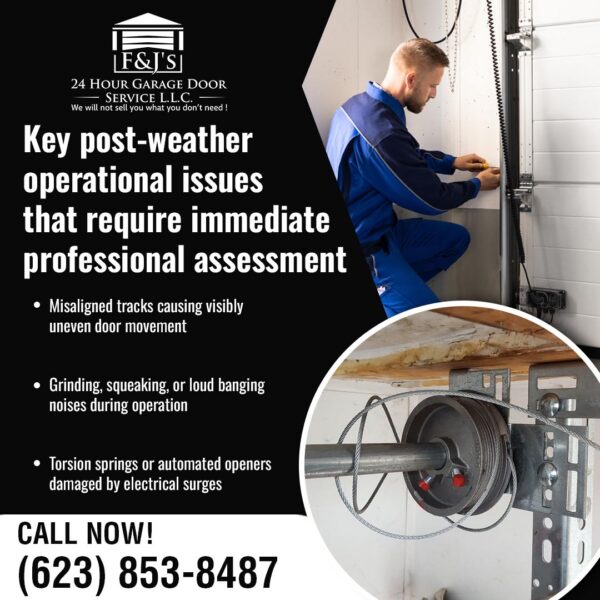 Garage door technician inspecting a residential garage door track and torsion spring assembly to identify damage after severe weather.