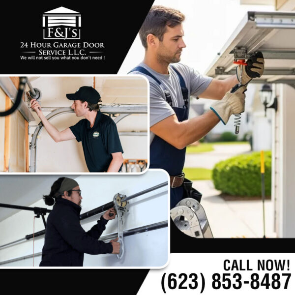 Garage door technicians inspecting and repairing torsion spring systems and garage door hardware during residential service calls.