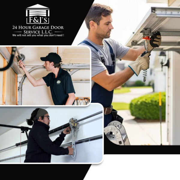 Garage door technicians inspecting and repairing residential garage door springs, tracks, and opener components during a professional service visit.