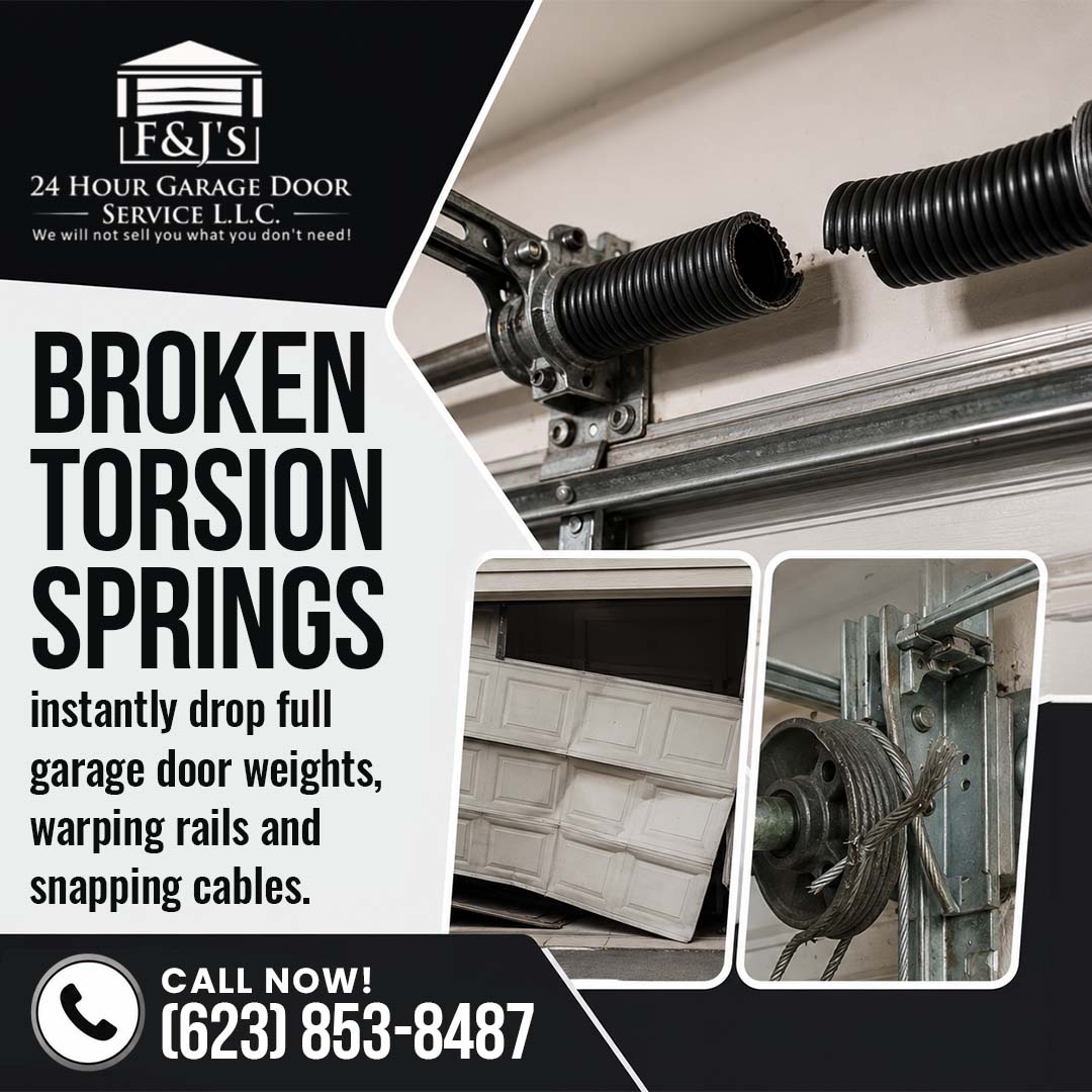 A snapped garage door torsion spring shown above insets of an off-track garage door and frayed steel cable mechanism.