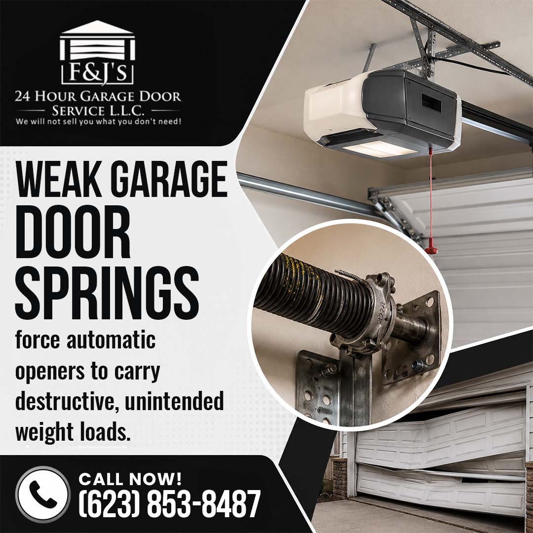An overhead garage door opener mounted on the ceiling shown above a circular inset of a torsion spring and a bottom photo of a bent, damaged garage door panel.
