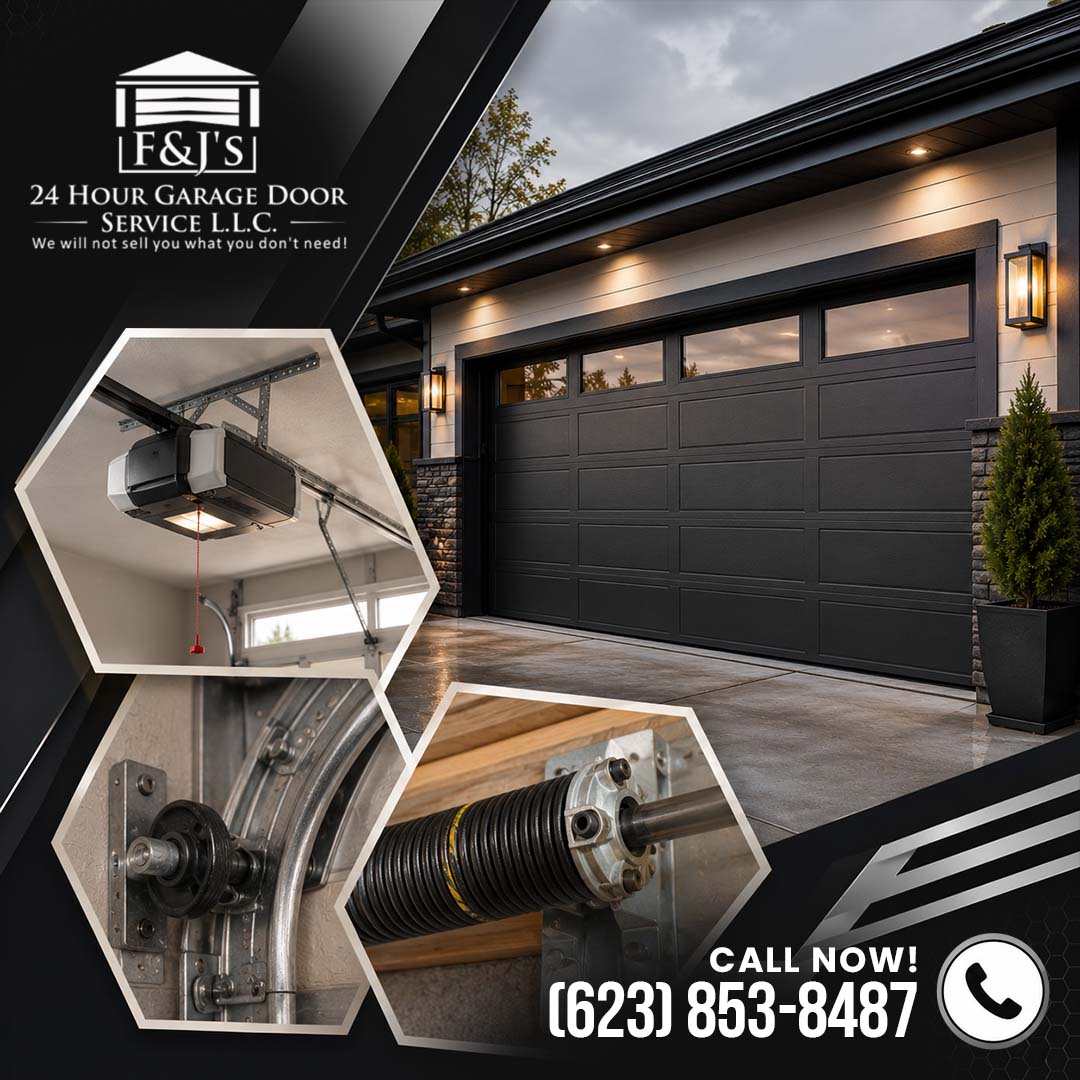 Exterior of a modern black garage door at dusk with hexagonal inset photos showing a garage opener motor, roller track assembly, and torsion spring.