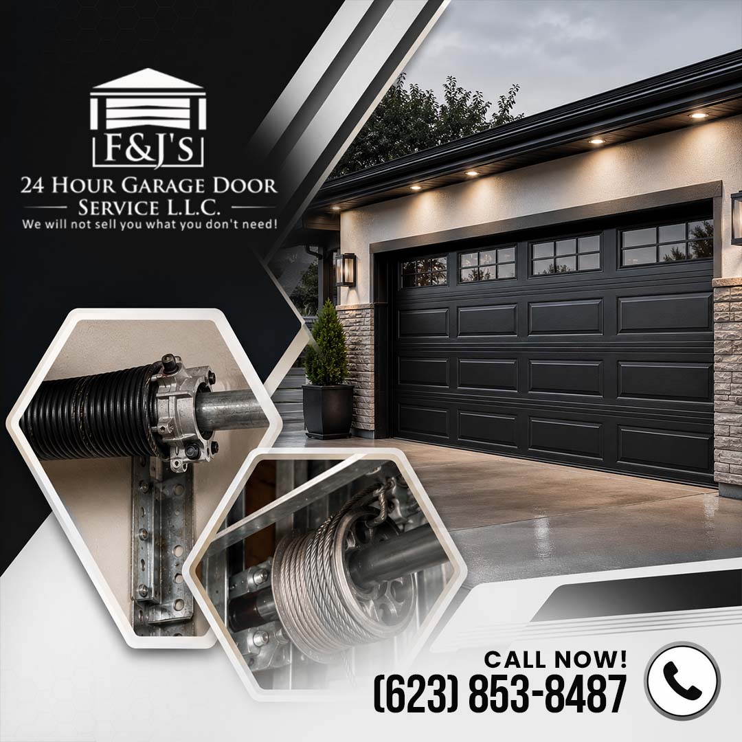 A modern black residential garage door with inset circular photos showcasing a torsion spring and cable drum assembly.
