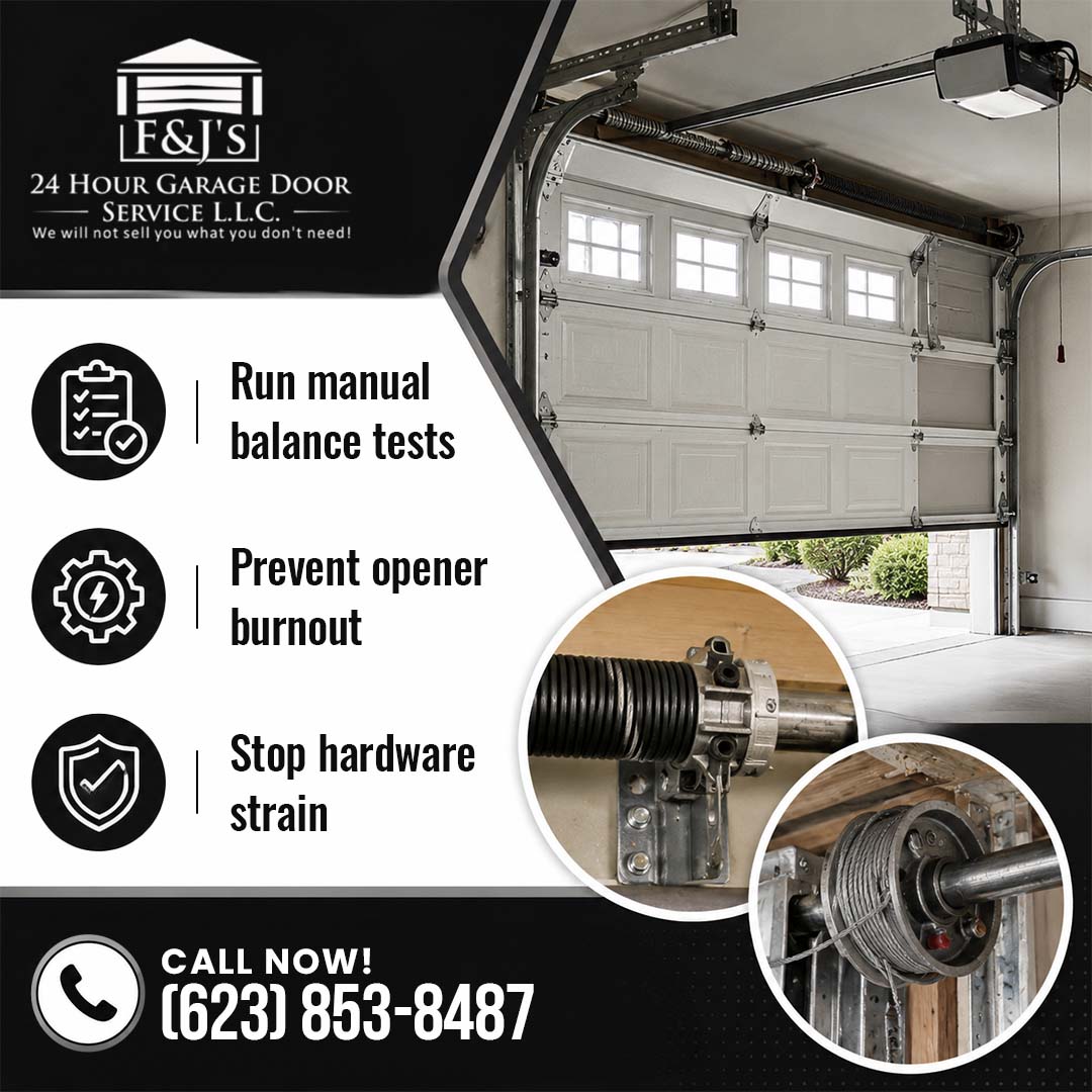Interior view of a residential garage door with inset circular close-ups of garage door torsion springs and cable drum components.