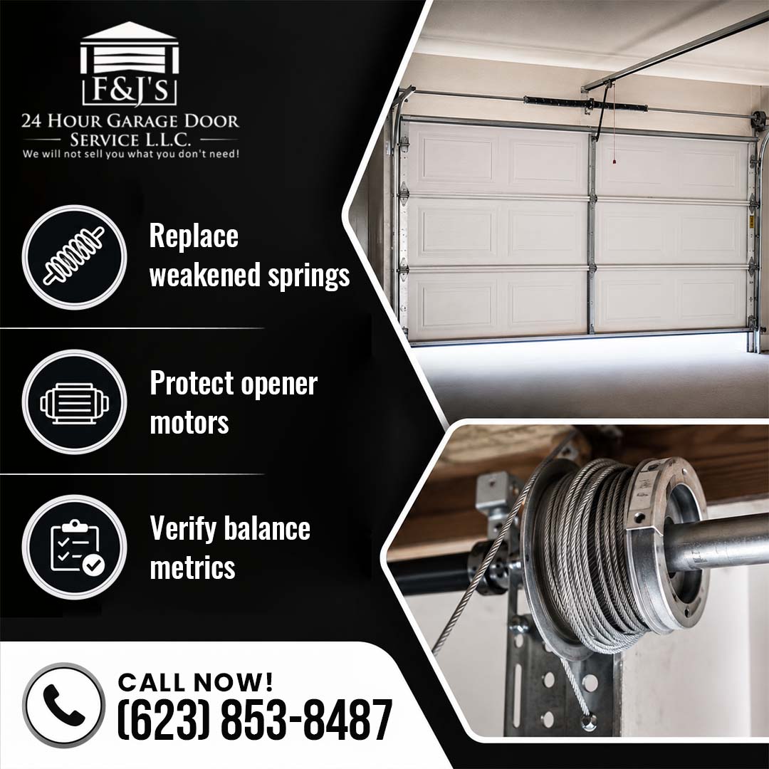 Interior view of a white garage door alongside a close-up of a garage door cable drum and steel wire setup.