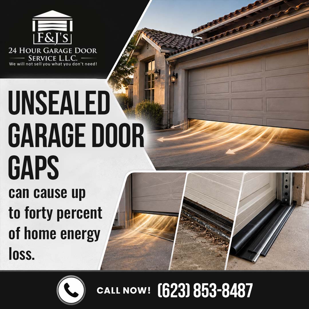 Residential garage door showing glowing drafts leaking through unsealed bottom gaps, alongside insets of worn, dirty door seals and newly installed rubber weatherstripping.