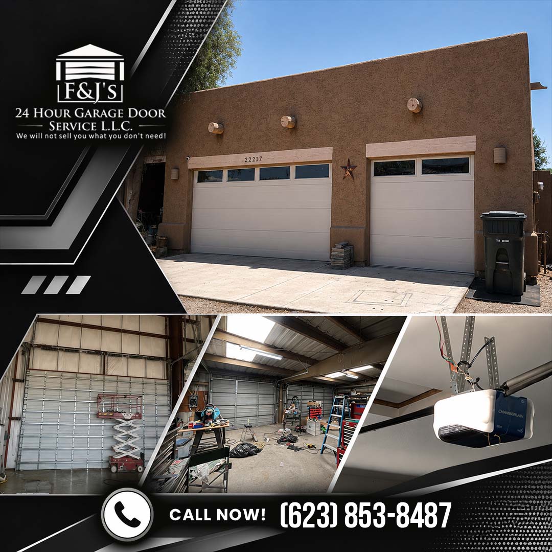 Adobe-style residential home with dual garage doors, paired with lower insets of a commercial warehouse rollup door installation and an overhead Chamberlain opener motor.