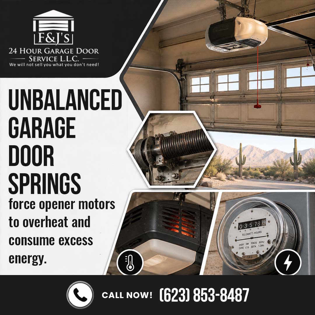 Modern garage interior with an open overhead door, accompanied by insets of a heavy-duty torsion spring, an overheating opener motor, and an electric kilowatt meter.