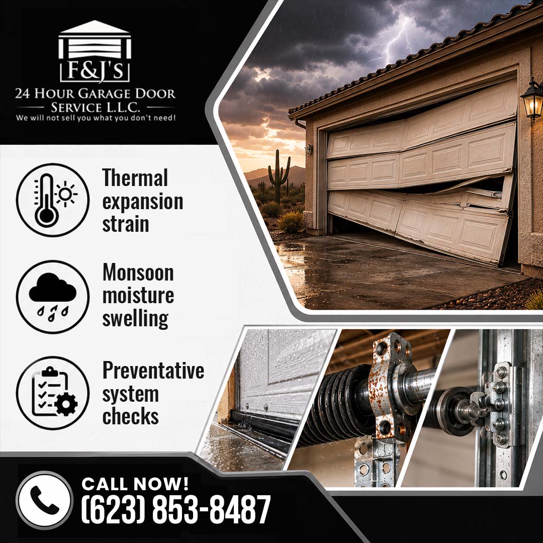 Storm-damaged garage door off its track outside a stucco home during a monsoon lightning storm, with insets of wet weather seals, rusted torsion springs, and track rollers.