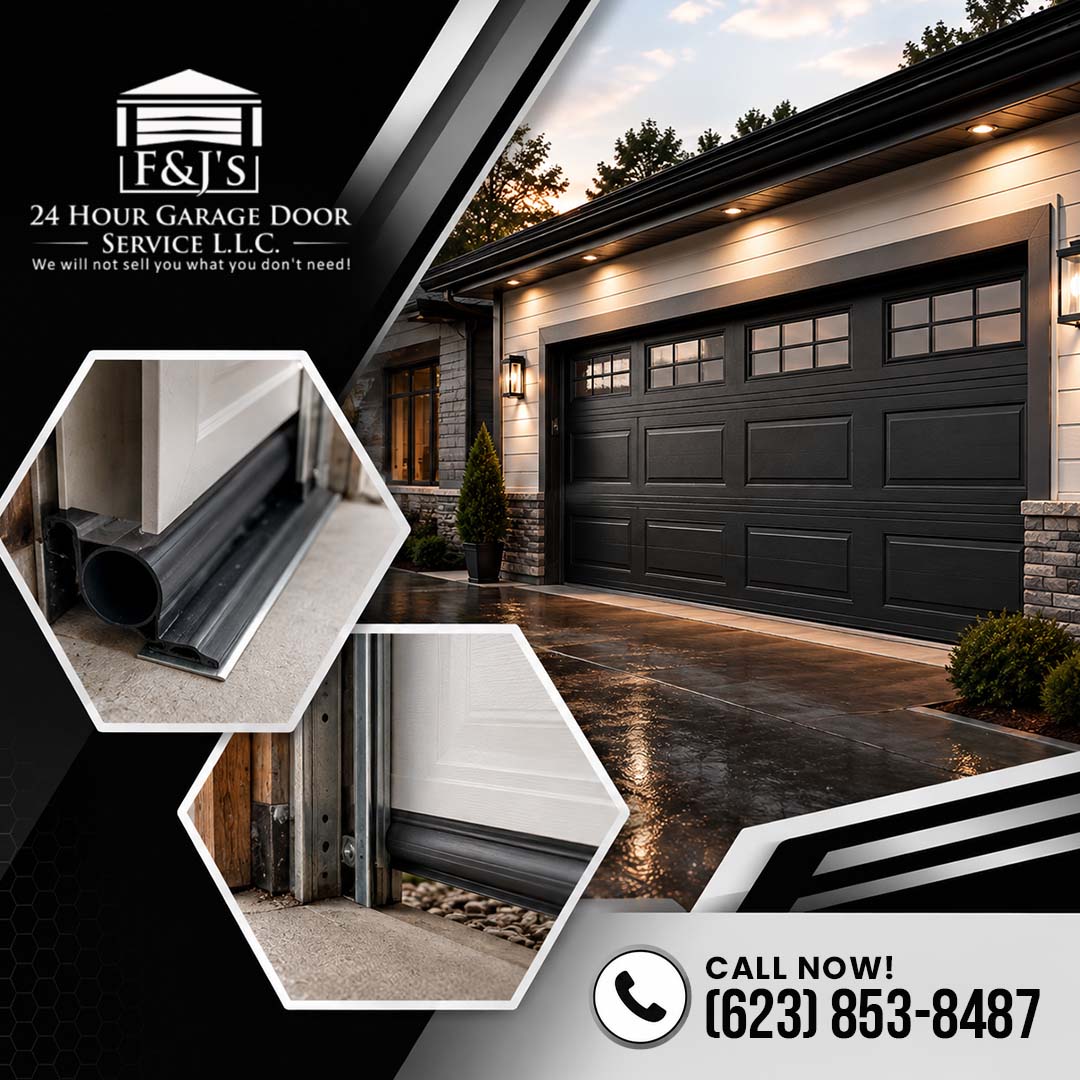 Exterior view of an illuminated home with a dark carriage-style garage door on a wet driveway, paired with hexagonal insets of heavy-duty rubber bottom seals and threshold weatherstripping.
