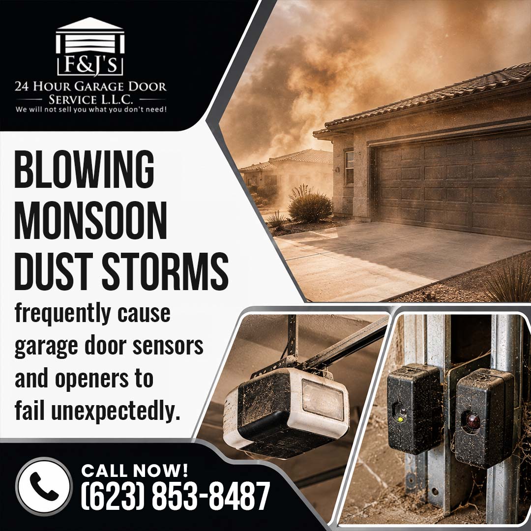 Residential garage facing a blowing desert monsoon dust storm, paired with close-up insets of a dusty overhead opener motor and dirt-covered safety sensors on the track.
